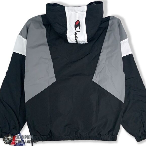 CHAMPION MEN’S STADIUM ANORAK BLACK 1/2 ZIP PULLOVER HOODED WINDBREAKER JACKET - Picture 5 of 15